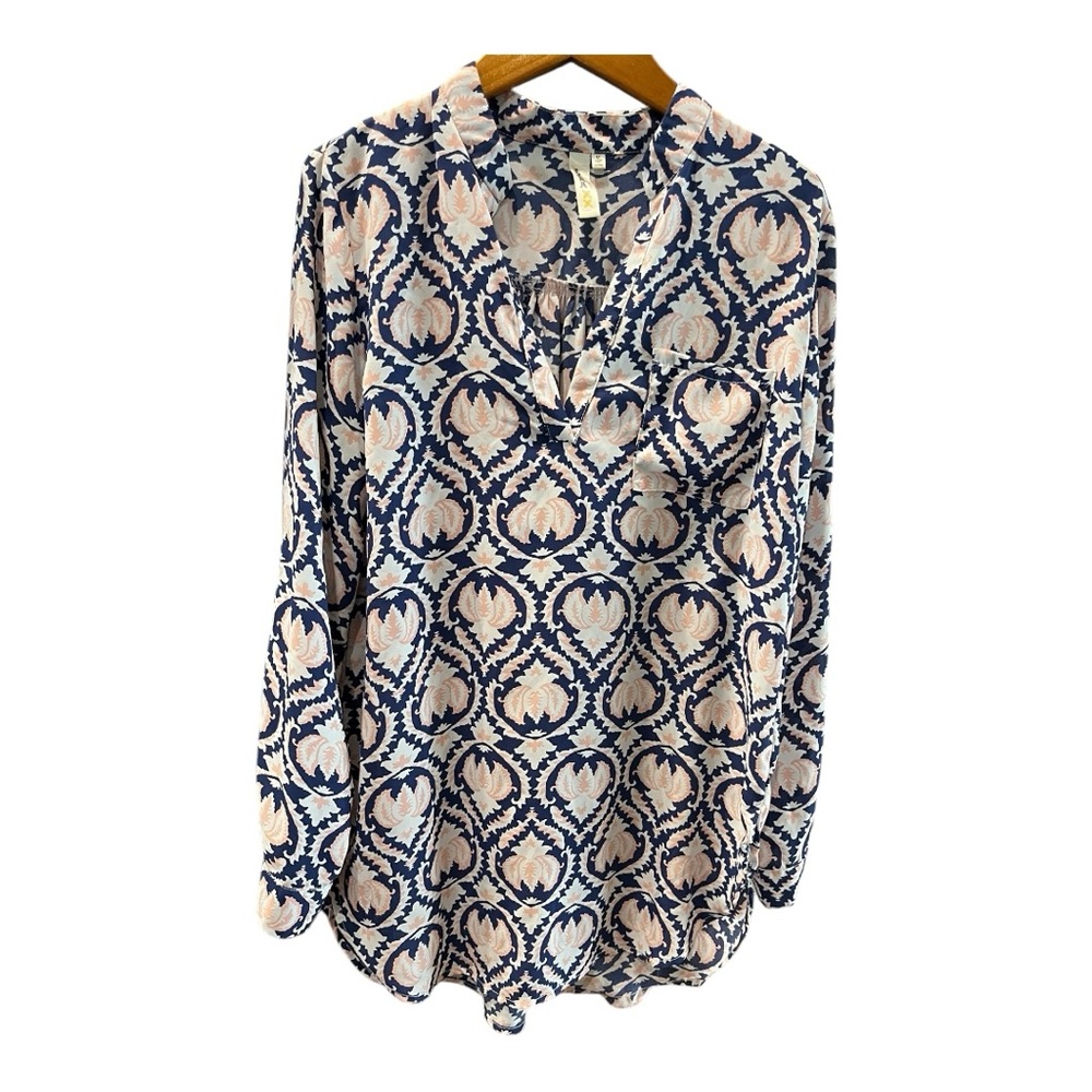 Lara Fashion Navy &โ Blush Patterned V Neck Tunic Blouse Cover Up Size Medium